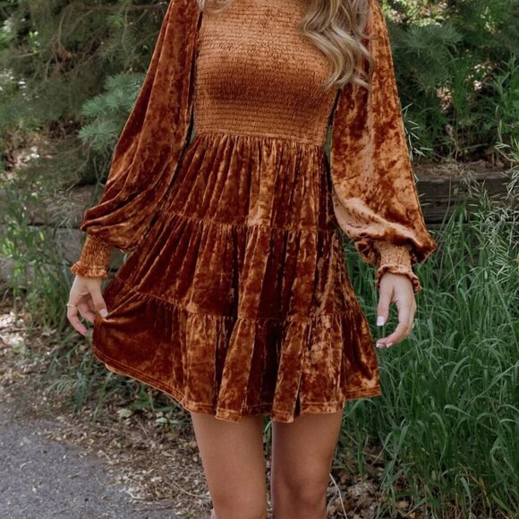 Women's Crushed Velvet Dress Long Sleeve Crew Neck Smocked A-Line Mini - Picture 3 of 6